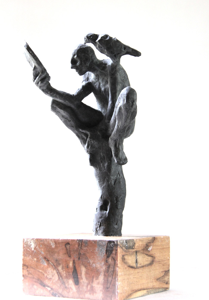 Belgin Yücelen, Man and the bird, Bronze and Wood, 14x5x5 in. Courtesy of the artist.