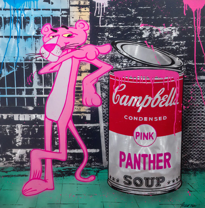 Michel Friess, Pink Panther Soup, 2018, Mischtechnik auf Alu, 100 x 100 cm, Art-Galerie am Hofsteig, Wolfurt-AT - Courtesy of Art Salzburg